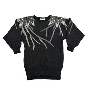 Vintage Hollywood & Vine Black Sparkle Sweater Embellished Flowers Womens Medium